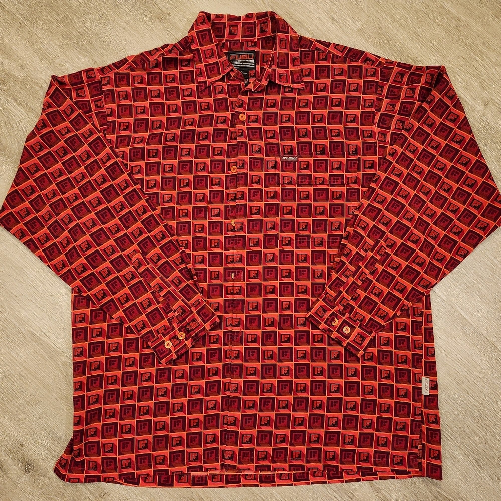 Vintage Fubu All Over Print Button Up Shirt Mens Size Large VTG 90s